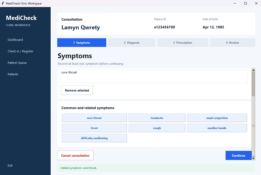 MediCheck consultation Symptoms stage showing confirmed selections and related suggestions.