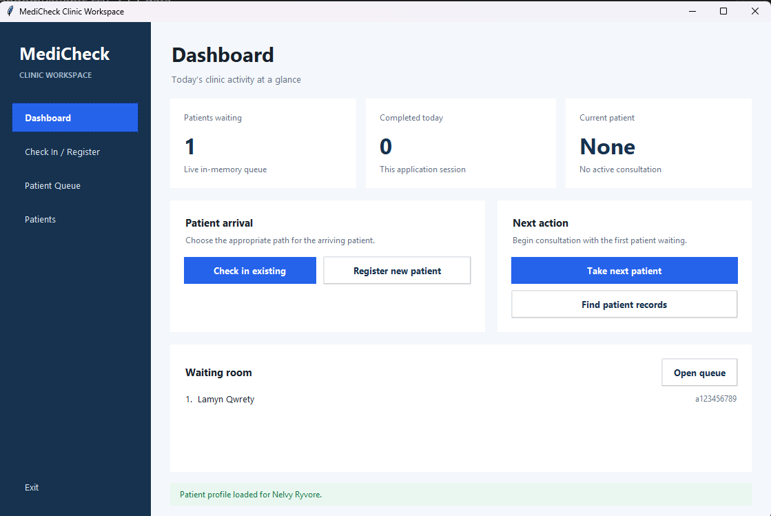 Redesigned MediCheck Dashboard showing the persistent application shell and clinic workflow overview.